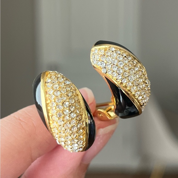 Vintage Christian Dior Rhinestone Pavé Black Enamel Thin Gold Hoop Clip Earrings - Picture 7 of 10
